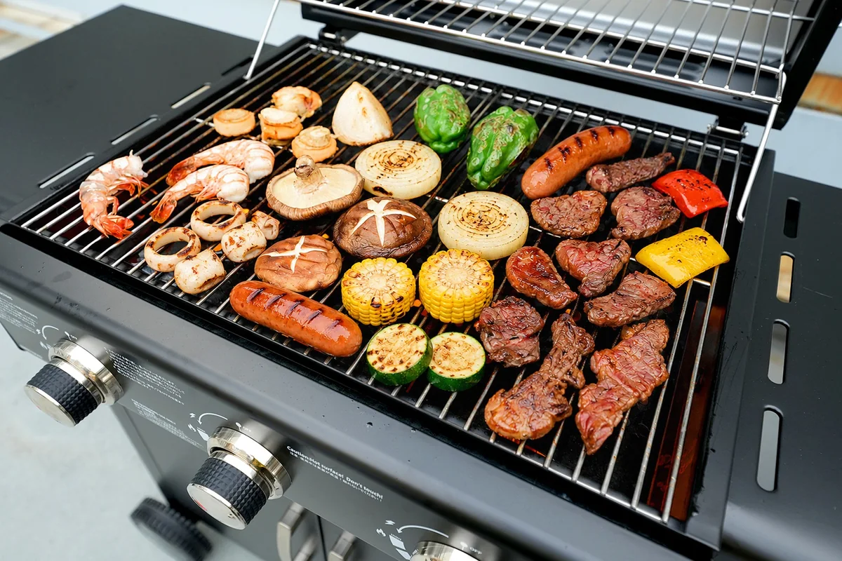 BBQコンロで食材を焼いている様子